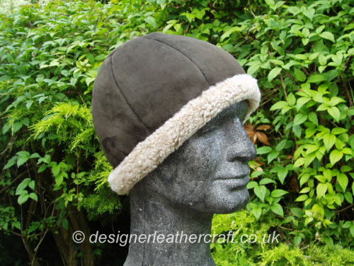 Sheepskin Beanie Hat in Brown Suede Finish with Natural Colour Wool